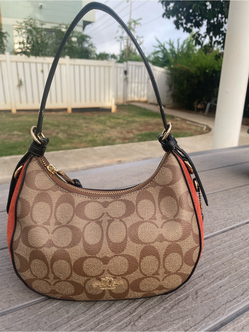 Coach Khleo Brown Signature Canvas Hobo with Suede Trim
